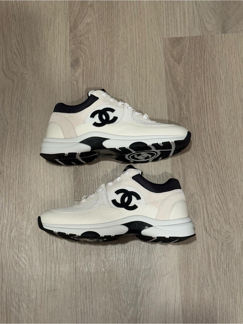 CHANEL Black and White CC Logo Trainer Sneakers